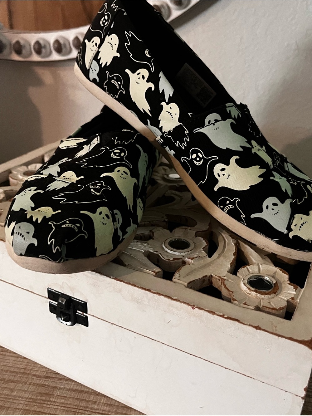 Toms Black Slip-On Sneakers with Pale Green Ghost Print